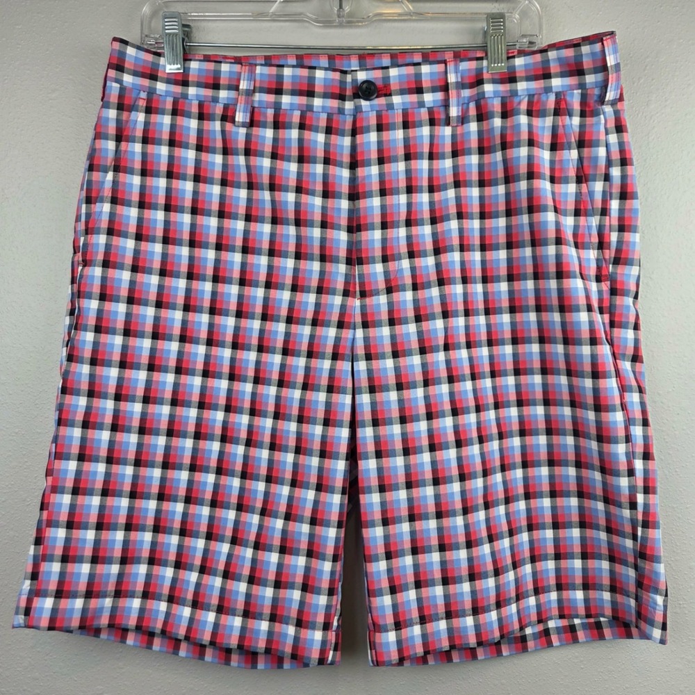 IZOD Golf Shorts Mens 34 Pink Blue Black Plaid Gingham Performance Flat Front
